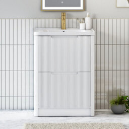Royal Bathrooms Avenza 600mm Fluted Floor Standing Vanity Unit Matt White 2 Drawer Storage Cabinet With Ceramic Basin - thumbnail 1