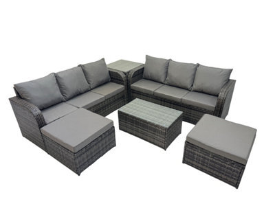 Fimous Outdoor 3 Seater Sofa Coffee Table Set Garden Rattan Furniture Set 8 Seater With 2 Big Stools Side Table Dark Grey - image 1