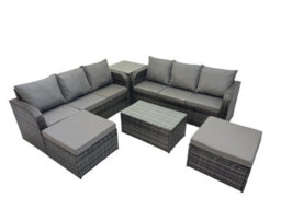 Fimous Outdoor 3 Seater Sofa Coffee Table Set Garden Rattan Furniture Set 8 Seater With 2 Big Stools Side Table Dark Grey - thumbnail 1