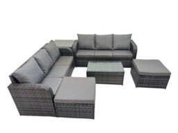 Fimous Outdoor 3 Seater Sofa Coffee Table Set Garden Rattan Furniture Set 8 Seater With 2 Big Stools Side Table Dark Grey - thumbnail 2