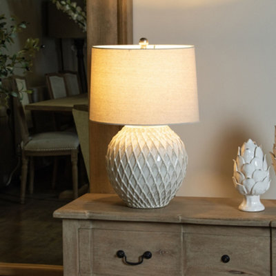 Dibor Diamond Relief Table Lamp Ceramic French Country Style Desk Lamp With Linen Shade Bedside Table Night Light Home Table Lamp - image 1