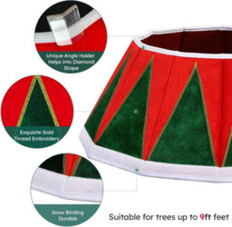 Red & Green Velvet Drum Christmas Tree Skirt With White Trim, Elegant Holiday Decoration - thumbnail 3