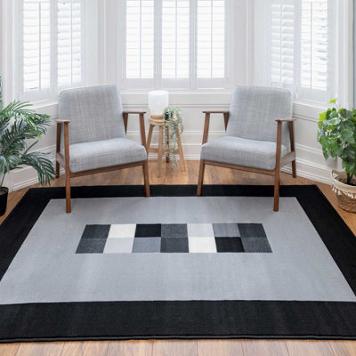 Loomed Grey Black Bordered Geometric Living Room Rug 80X150Cm - image 1