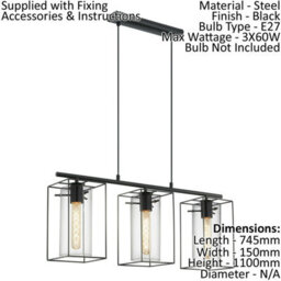 Stylish Black Frame Smoked Glass Pendant Light For Kitchen - 3 Bulb Design - thumbnail 2