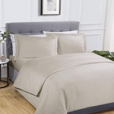 Gr8 Home Sateen Stripe Complete Duvet Cover Pillowcase Fitted Sheet Bedding Set Natural King Size - image 1