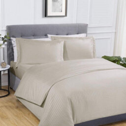 Gr8 Home Sateen Stripe Complete Duvet Cover Pillowcase Fitted Sheet Bedding Set Natural King Size - thumbnail 1