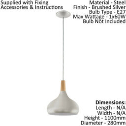 Stylish Pendant Ceiling Light In Brushed Silver And Brown Wood - thumbnail 2