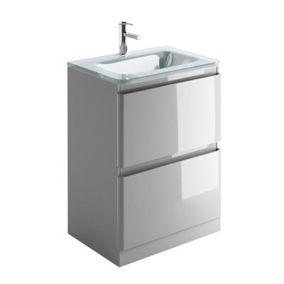 Plum&clay Marvel Gloss Light Grey Floor Standing Bathroom Vanity Unit With White Glass Basin (W)600mm - image 1
