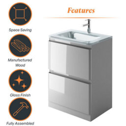 Plum&clay Marvel Gloss Light Grey Floor Standing Bathroom Vanity Unit With White Glass Basin (W)600mm - thumbnail 6