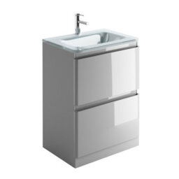 Plum&clay Marvel Gloss Light Grey Floor Standing Bathroom Vanity Unit With White Glass Basin (W)600mm
