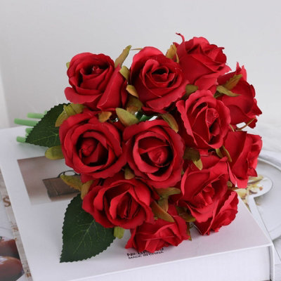 Lifelike 12-Head Red Silk Rose Artificial Flower Bouquet For Home & Wedding Decor - image 1