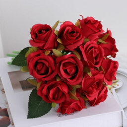 Lifelike 12-Head Red Silk Rose Artificial Flower Bouquet For Home & Wedding Decor - thumbnail 1