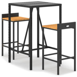 Berkfield 3 Piece Garden Bar Set Black Poly Rattan& Solid Wood Acacia - thumbnail 2