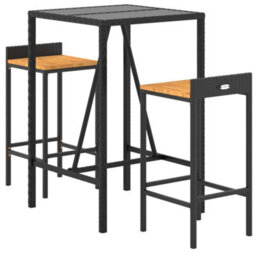 Berkfield 3 Piece Garden Bar Set Black Poly Rattan& Solid Wood Acacia - thumbnail 3