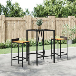 Berkfield 3 Piece Garden Bar Set Black Poly Rattan& Solid Wood Acacia - thumbnail 1