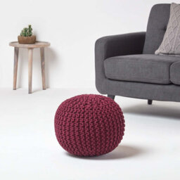 Homescapes Plum Round Cotton Knitted Pouffe Footstool - thumbnail 2