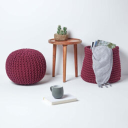 Homescapes Plum Round Cotton Knitted Pouffe Footstool - thumbnail 6