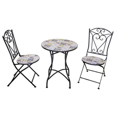 Shatchi Lisbon Mosaic Bistro Set Ceramic Outdoor Table And Two Folding Chairs For Patio Balcony Garden Dining - image 1