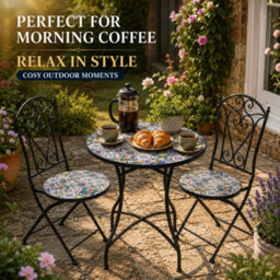 Shatchi Lisbon Mosaic Bistro Set Ceramic Outdoor Table And Two Folding Chairs For Patio Balcony Garden Dining - thumbnail 7