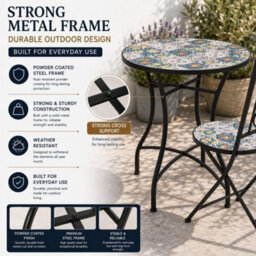 Shatchi Lisbon Mosaic Bistro Set Ceramic Outdoor Table And Two Folding Chairs For Patio Balcony Garden Dining - thumbnail 6