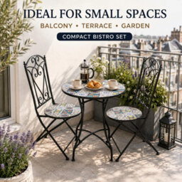 Shatchi Lisbon Mosaic Bistro Set Ceramic Outdoor Table And Two Folding Chairs For Patio Balcony Garden Dining - thumbnail 4