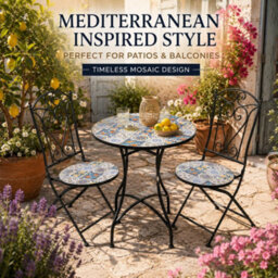 Shatchi Lisbon Mosaic Bistro Set Ceramic Outdoor Table And Two Folding Chairs For Patio Balcony Garden Dining - thumbnail 3