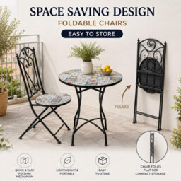 Shatchi Lisbon Mosaic Bistro Set Ceramic Outdoor Table And Two Folding Chairs For Patio Balcony Garden Dining - thumbnail 2