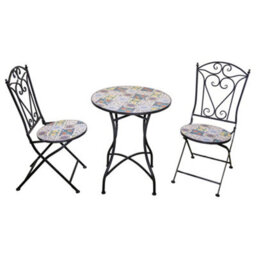 Shatchi Lisbon Mosaic Bistro Set Ceramic Outdoor Table And Two Folding Chairs For Patio Balcony Garden Dining