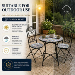 Shatchi Lisbon Mosaic Bistro Set Ceramic Outdoor Table And Two Folding Chairs For Patio Balcony Garden Dining - thumbnail 8
