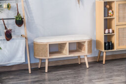 Nordlys Beige Velvet And Rattan Storage Bench Exotic Boho Entryway - thumbnail 8