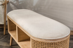 Nordlys Beige Velvet And Rattan Storage Bench Exotic Boho Entryway - thumbnail 7