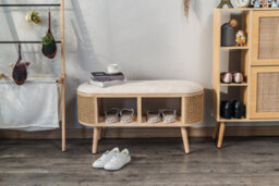 Nordlys Beige Velvet And Rattan Storage Bench Exotic Boho Entryway - thumbnail 3