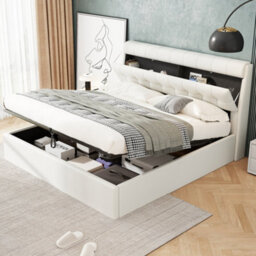 Matteo Cream White Pu Faux Leather King Size Storage Bed Frame - Hydraulic Lift, 150X200Cm