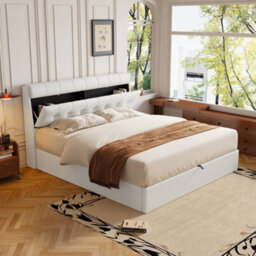 Matteo Cream White Pu Faux Leather King Size Storage Bed Frame - Hydraulic Lift, 150X200Cm - thumbnail 4