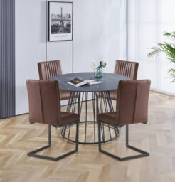 Hallowood Furniture Cullompton Large 120Cm Round Table With 4 Brown Leather Effect Dining Chairs