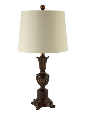 Orsina Neoclassical Bronze Table Lamp, Ornate Fleur-De-Lis Base & Grey Linen Shade, Lighting For Living Room - image 1