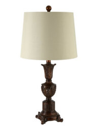 Orsina Neoclassical Bronze Table Lamp, Ornate Fleur-De-Lis Base & Grey Linen Shade, Lighting For Living Room