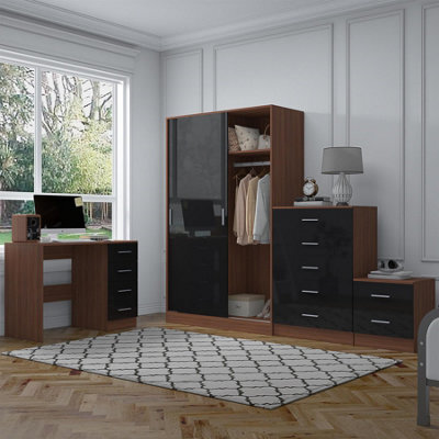 Reflect 2 Door Sliding Wardrobe, 5 Drawer Chest, 2 Drawer Bedside & Desk - Black Gloss & Walnut - Modern Bedroom Furniture Set - image 1