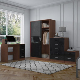 Reflect 2 Door Sliding Wardrobe, 5 Drawer Chest, 2 Drawer Bedside & Desk - Black Gloss & Walnut - Modern Bedroom Furniture Set - thumbnail 1
