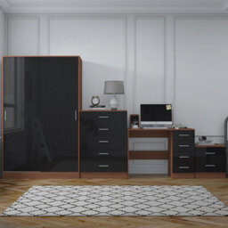 Reflect 2 Door Sliding Wardrobe, 5 Drawer Chest, 2 Drawer Bedside & Desk - Black Gloss & Walnut - Modern Bedroom Furniture Set - thumbnail 4