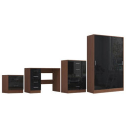 Reflect 2 Door Sliding Wardrobe, 5 Drawer Chest, 2 Drawer Bedside & Desk - Black Gloss & Walnut - Modern Bedroom Furniture Set - thumbnail 5