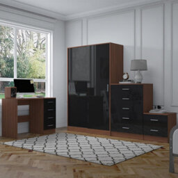 Reflect 2 Door Sliding Wardrobe, 5 Drawer Chest, 2 Drawer Bedside & Desk - Black Gloss & Walnut - Modern Bedroom Furniture Set - thumbnail 2