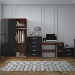Reflect 2 Door Sliding Wardrobe, 5 Drawer Chest, 2 Drawer Bedside & Desk - Black Gloss & Walnut - Modern Bedroom Furniture Set - thumbnail 3