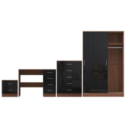 Reflect 2 Door Sliding Wardrobe, 5 Drawer Chest, 2 Drawer Bedside & Desk - Black Gloss & Walnut - Modern Bedroom Furniture Set - thumbnail 6