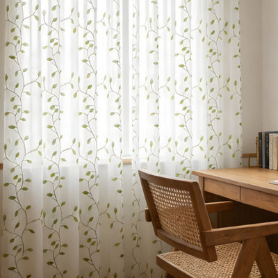 Living And Home White 2-Piece Set With Green Leaf Embroidered Semi-Sheer Curtains, 130 X 240 Cm - image 1