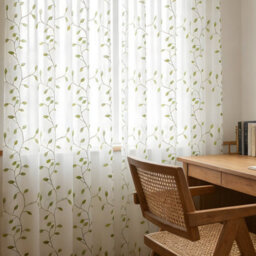 Living And Home White 2-Piece Set With Green Leaf Embroidered Semi-Sheer Curtains, 130 X 240 Cm - thumbnail 1