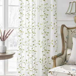 Living And Home White 2-Piece Set With Green Leaf Embroidered Semi-Sheer Curtains, 130 X 240 Cm - thumbnail 2