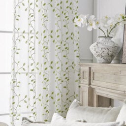 Living And Home White 2-Piece Set With Green Leaf Embroidered Semi-Sheer Curtains, 130 X 240 Cm - thumbnail 3