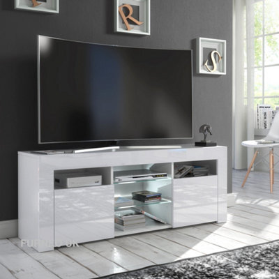 Furneo White Tv Stand 120Cm Unit Cabinet Matt & High Gloss Puzzo White Led Lights - image 1
