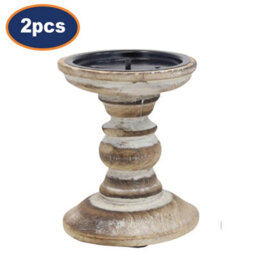 Wooden Candle Holder White Shabby Chic Pillar Candle Stick Holder Assorted 2Pcs